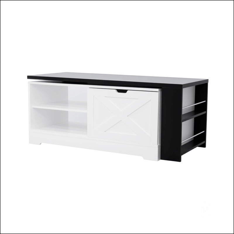 Table basse à plateau relevable U-Can avec portes de grange, table centrale rectangulaire en bois avec grand rangement caché et armoire ouverte