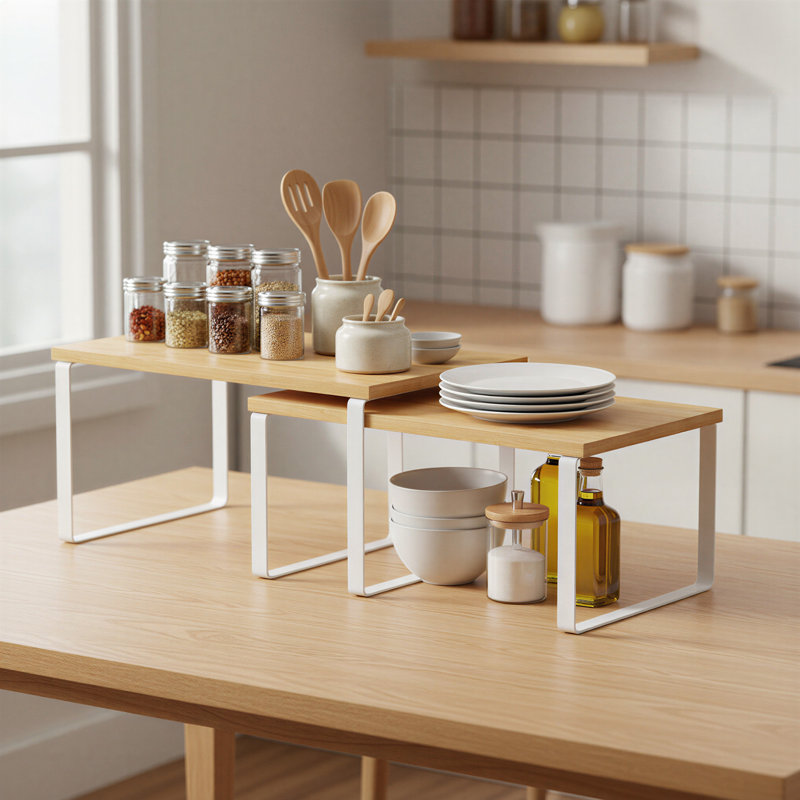 Frame Mounted Spice Rack with Adjustable Racks, Natural/White