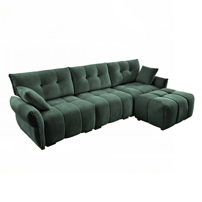 Canapé en tissu d'ameublement avec repose-pieds Chenille, Vert, H 35,4 po x l 110,2 po x P 61 po