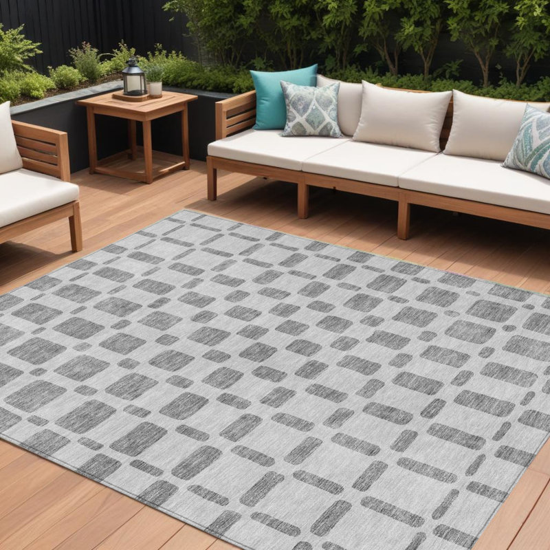 Tapis extérieur lavable à motif géométrique gris et ivoire 10 pi x 14 pi