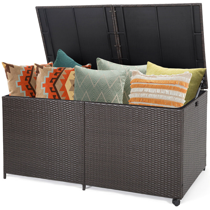 Gymax 59'' W 175 Gallons Water Resistant Wicker Deck Box with Wheels in Mix Brown