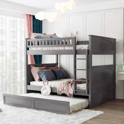 Full Size Bunk Bed with Twin Trundle, Pine Wood with Strong Support, Brushed Gray