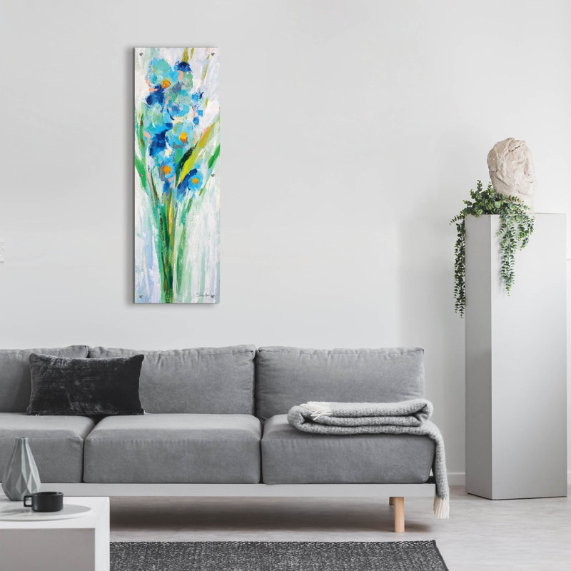  «Fresh Blue Flowers 1» par Silvia Vassileva, art mural en verre acrylique, 16 po x 48 po, H 48 po x l 16 po