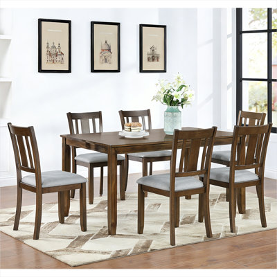 6-Person Dining Table Set with 6 Upholstered Chairs, Rectangular Wooden Kitchen Table, Classic Brown
