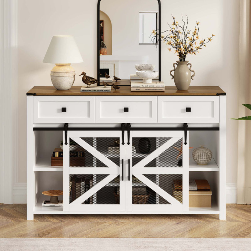 55'' Sliding Barn Door Sideboard Buffet Cabinet With 3 Drawers