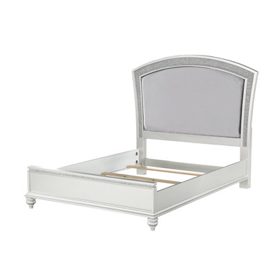 . King Bed In Fabric And Platinum Finish - Fashionable Headboard With Sparkling Rhinestone Ornamentation, Modern Rectangular , Wooden Legs, Synthetic Wood Build, Box Spring For Elevated Comfort