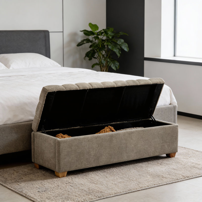 60.2" W Upholstered Tufted End Of Bed Bench, Storage Ottoman Bench, Taupe
