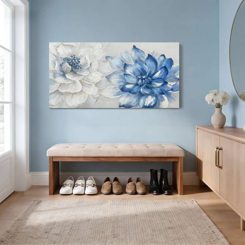 Ensemble de 1 tableau mural sur toile tendue à motif floral bleu et blanc, H 20 po x l 40 po
