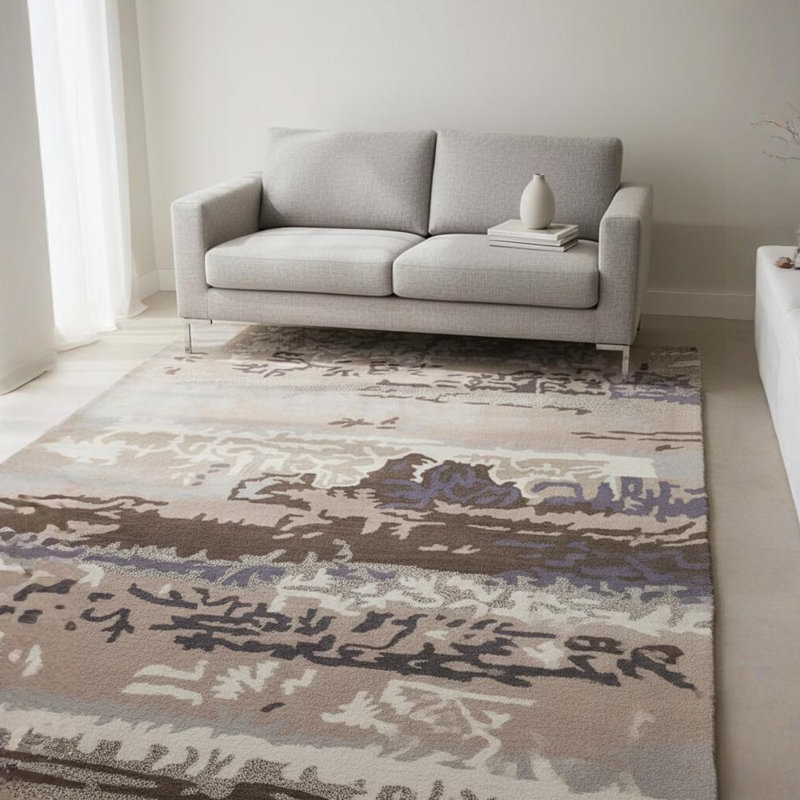 Pender Authentic Hand-Tufted Handmade Lavender, Slate Grey, Charcoal, Tan & Cream Modern Stratified Painterly Abstract Wool Area Rug