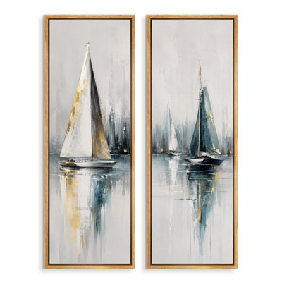 Blue Gold Sailboats with Reflections Coastal Nautical Decor – Set of 2 Framed Wall Art Print on Canvas 60"x20"x2