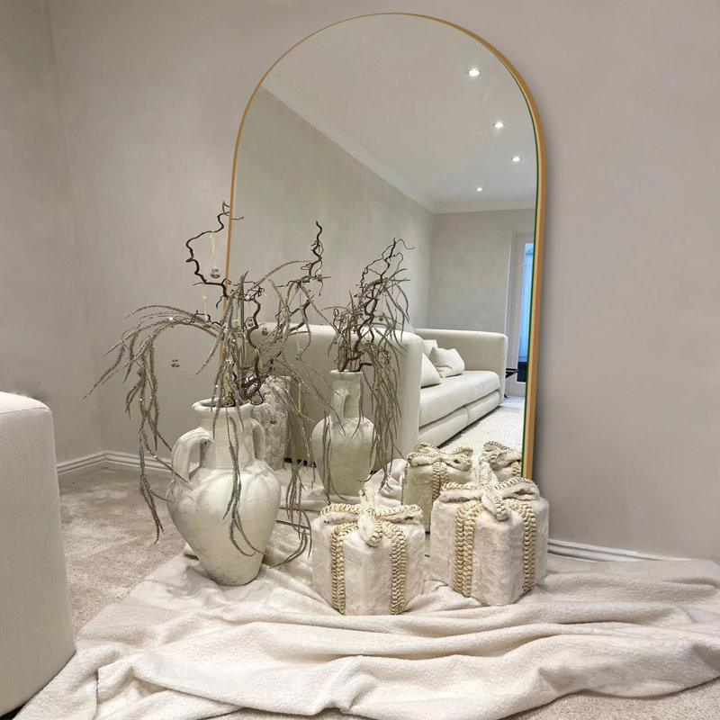 Leeron Oversized Arch Solid Wood Floor Mirror with Stand