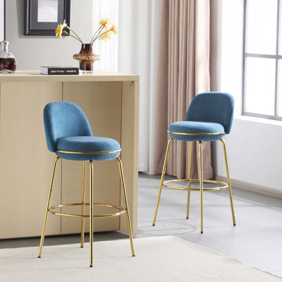 Tabouret de bar rembourré en métal doré avec revêtement bleu (ensemble de 2)