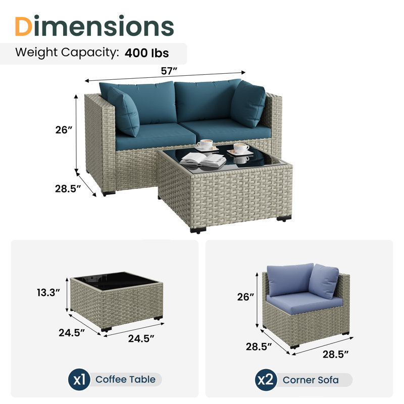 3-Piece Outdoor Wicker Sectional Sofa Set with Cushions & Coffee Table, Blue