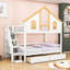 Lit superposé en bois avec porte fenêtre et toit, tiroirs de rangement et escalier-891184494