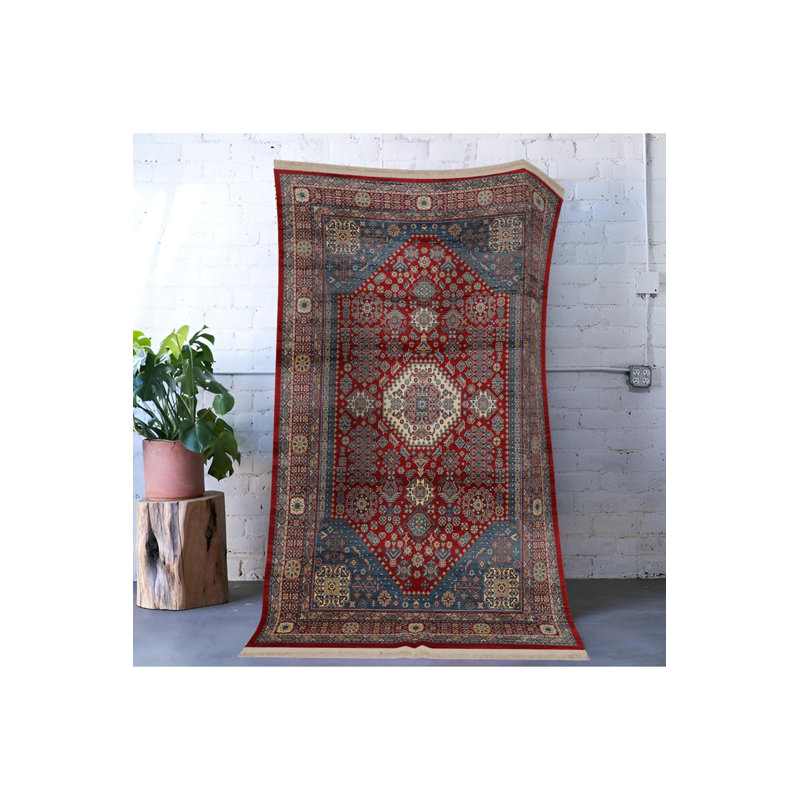 Tapis décoratif lavable à la machine rétro à motif traditionnel rouge et bleu