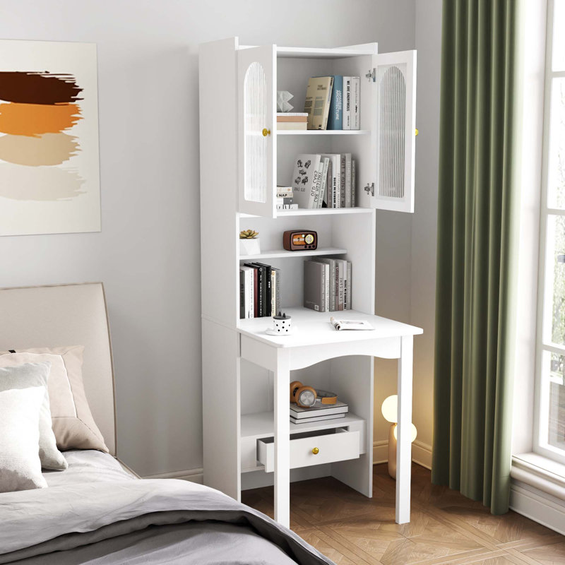 Table d'écriture pliable, armoire de bureau avec tablette et tiroir, Blanc