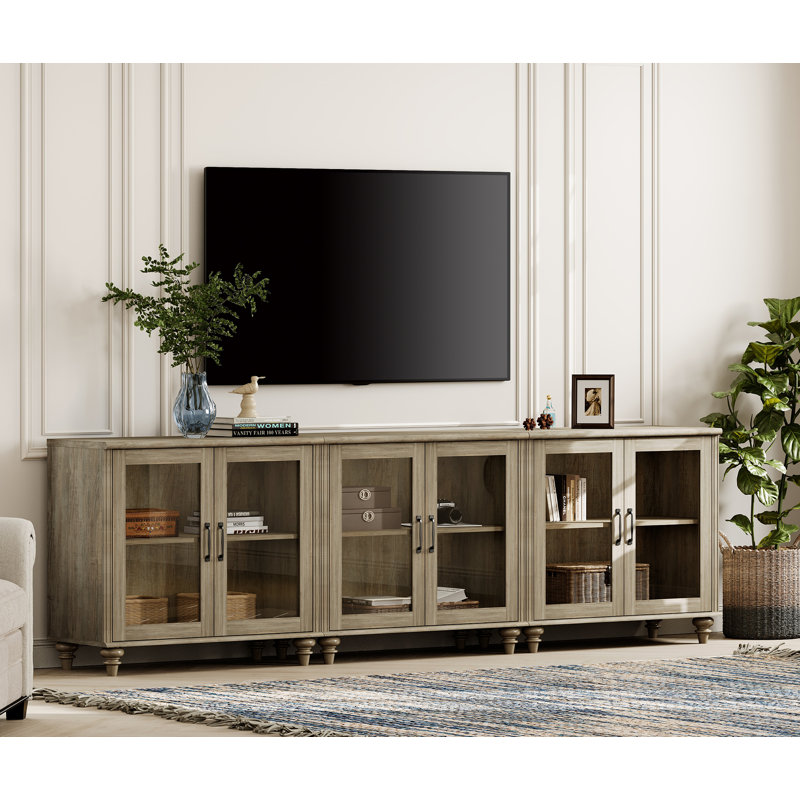 Scarlett Farmhouse TV Stand For 75 Inch TV With 4 Glass Doors, Wood Universal TV Stand With 4 Storage Cabinets, Entertainment Center TV Console Table For Living Room, Bedroom, Wash Grey