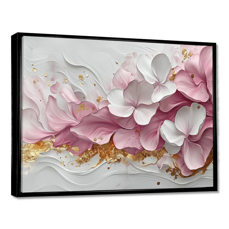 Or rose élégant veines de pétales de fleurs - art abstrait fleurs murales, H 12 po x l 20 po, Noir
