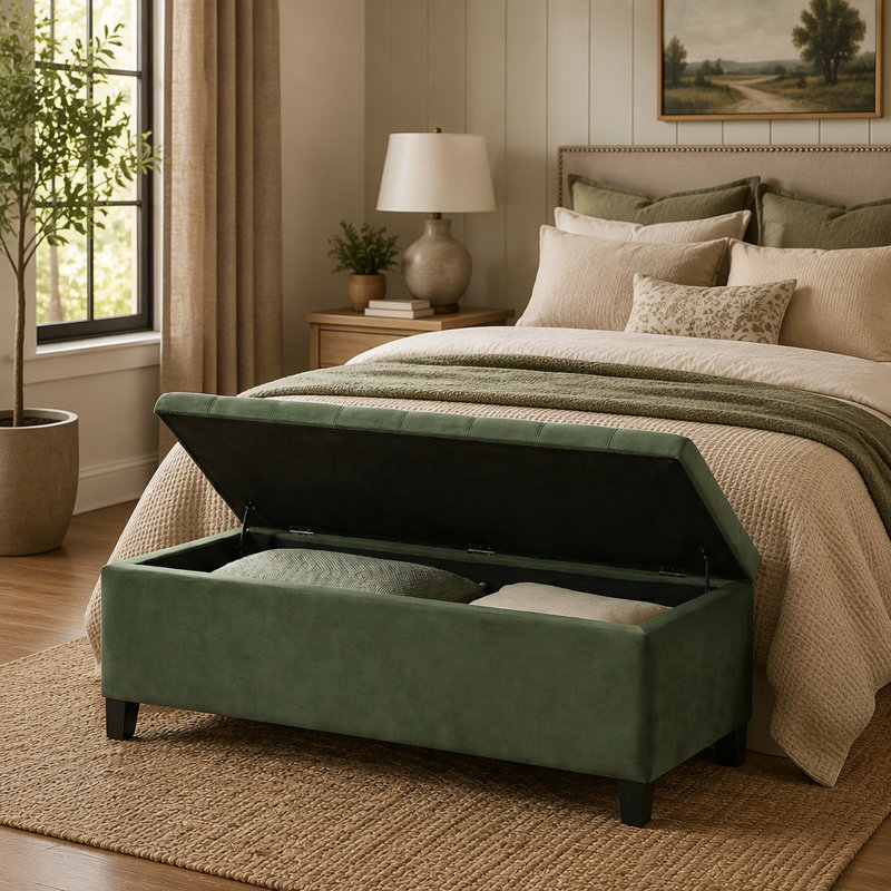 Banc de rangement avec repose-pieds, banc d'entrée, banc de bout de lit, repose-pieds pour chambre à coucher, vert rétro, 300 lb