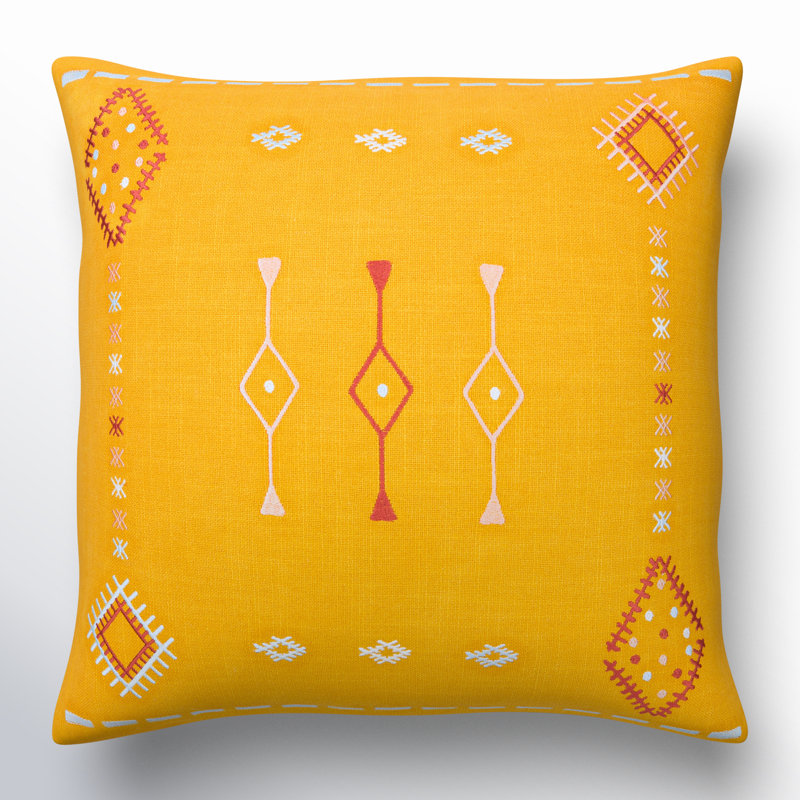Decatur Embroidered Down Throw Pillow, Mustard/Dusty Pink/Pale Blue, 20" x 20", Down