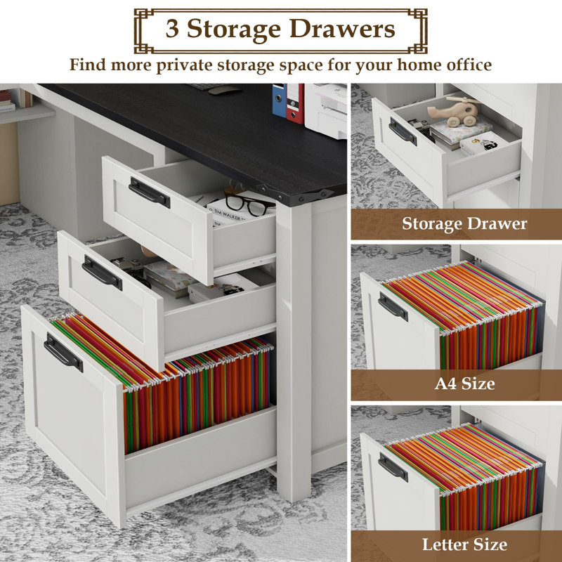Farmhouse L Shaped Executive Desk With Drawers And Storage Shelf, Black