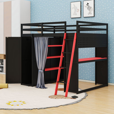 Full Loft Bed with Integrated Desk, Wardrobe, Shelves, Curtains and APP-Controlled RGB Lighting