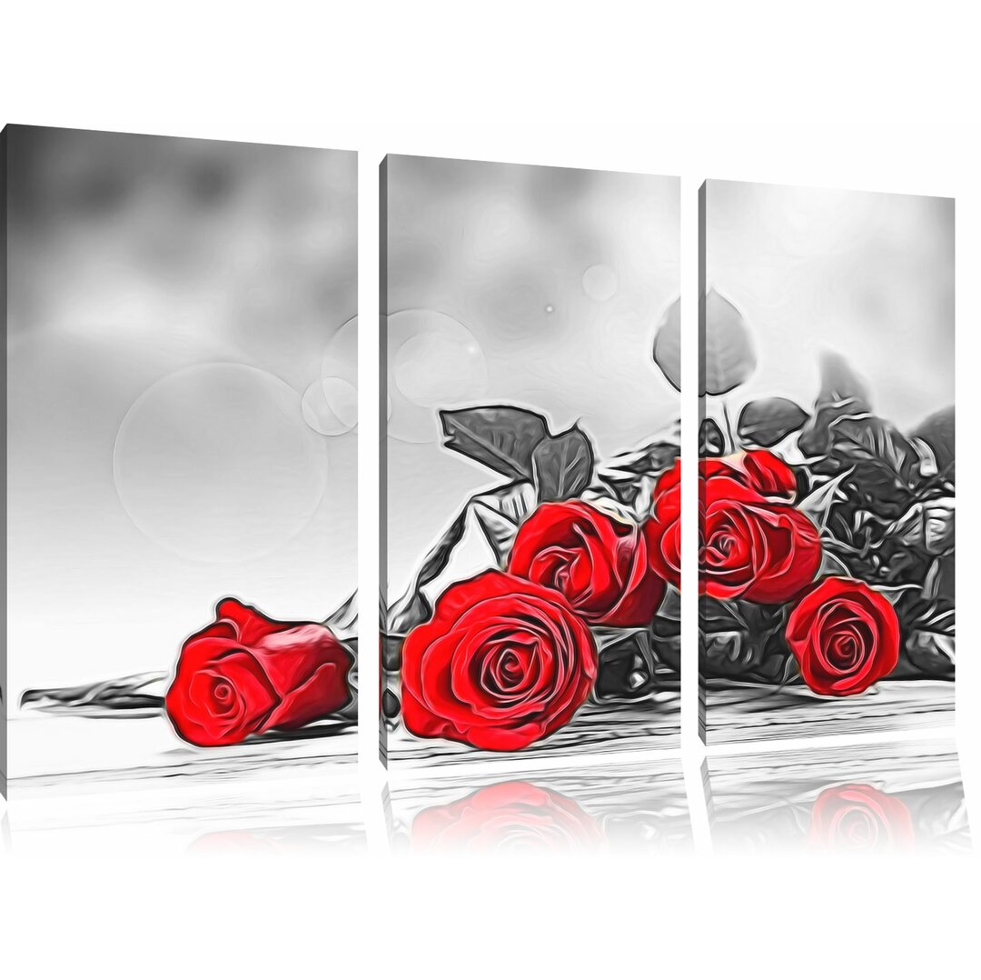 3-tlg. Leinwandbilder-Set „Klassische Rote Rosen“, Grafikdruck