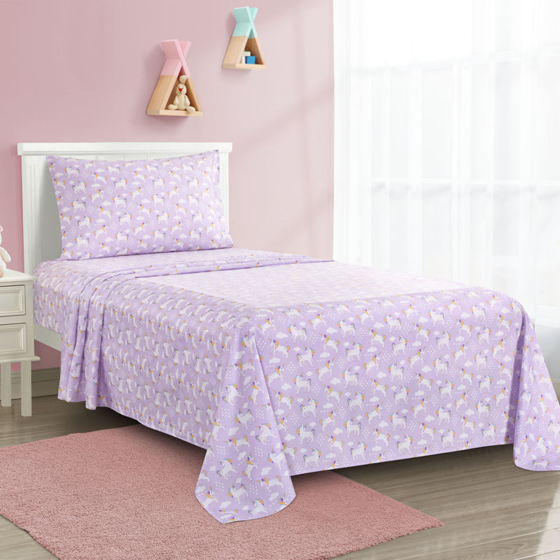 Ensemble de draps 3 pièces Dazzlefall, Licorne mauve, Ensemble de draps pour lit simple avec 1 taie d'or