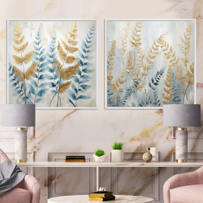 Blue and Golden Ferns Symphony - ensemble de 2 collages carrés de fougères