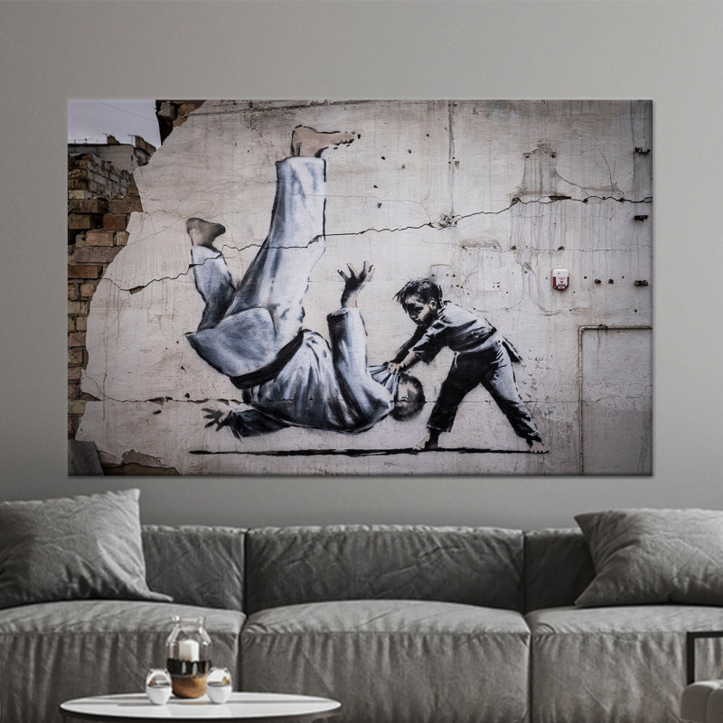 Élégante décoration murale en toile imprimée graffiti de Banksy Judoka, toile de fond noire 1P, 59,1 po H x 82,7 po l