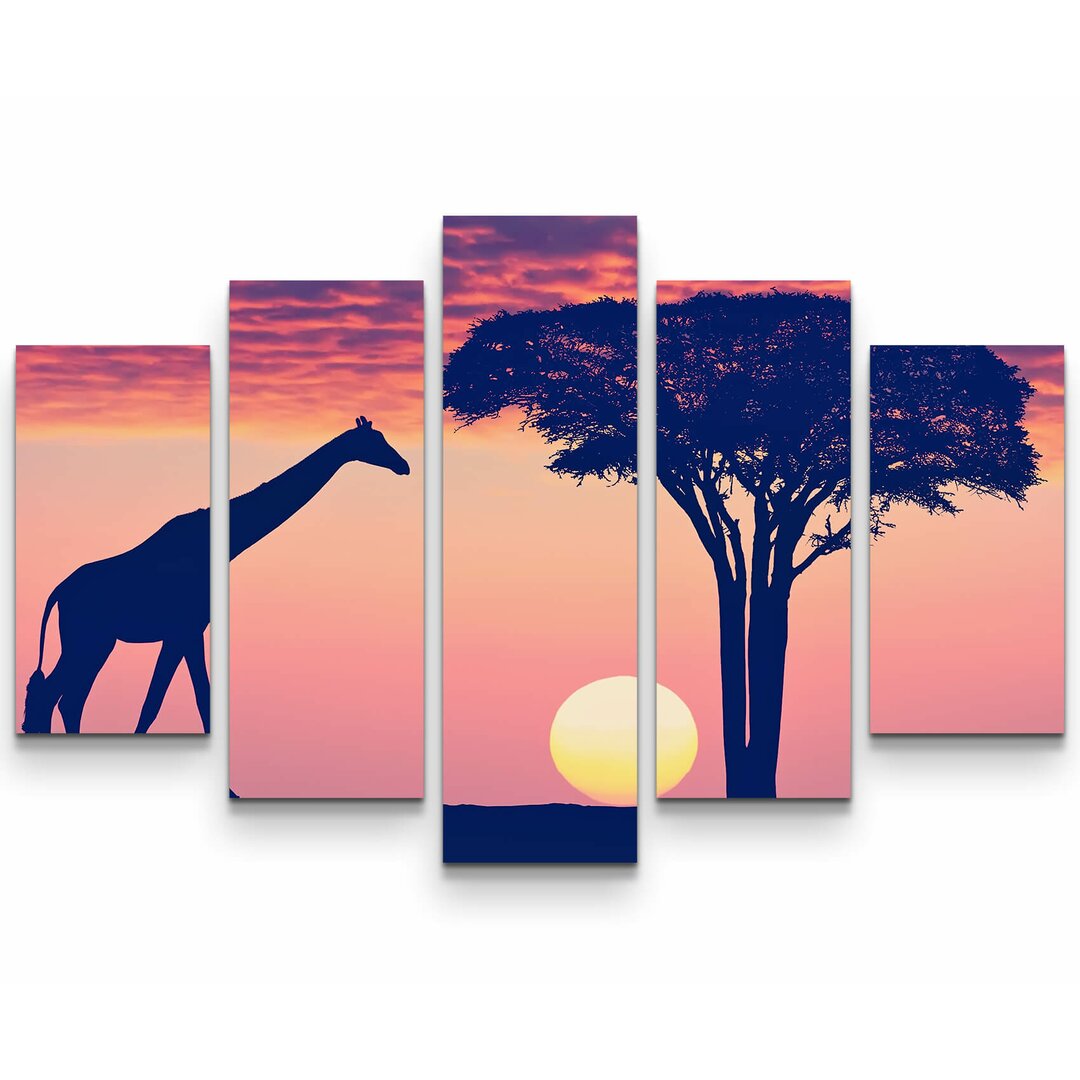 5-tlg. Leinwandbilder-Set Giraffe bei Sonnenntergang