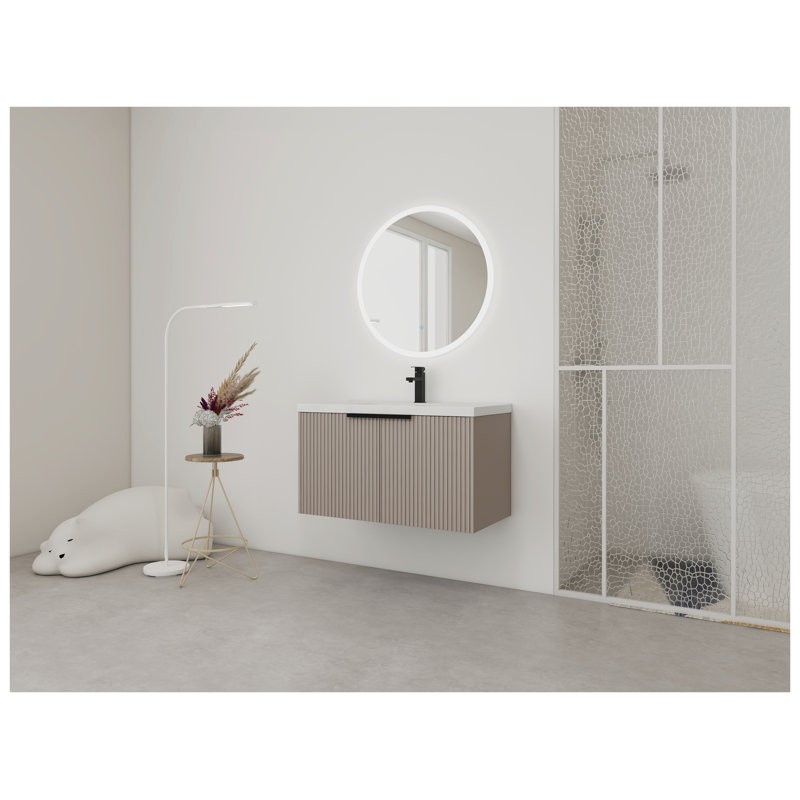 Meuble-lavabo mural 36 po avec lavabo en résine et portes à fermeture en douceur, kaki, Beige, Does Not Apply