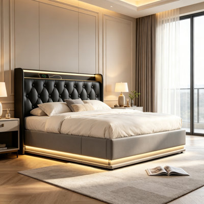 85.9-Inch Queen-Size Upholstered Bed with 360° Wraparound LED Ambient Lighting (Triple Control via Button, App, and Remote) and High-Capacity Hydraulic Storage Frame