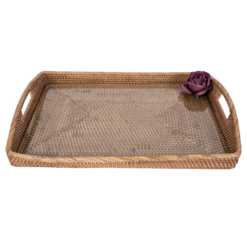 Rectangular Tray with Glass Insert, 21" W x 14" D x 2" H, Honey Brown