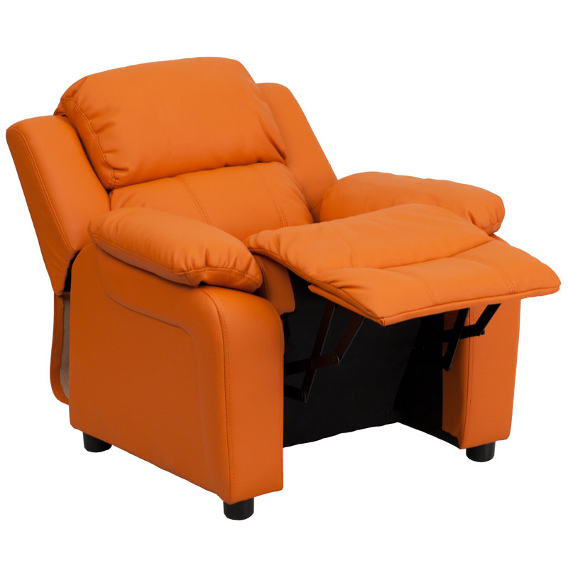 Deluxe Padded Contemporary Kids Recliner with Storage Arms, Vinyl - Orange