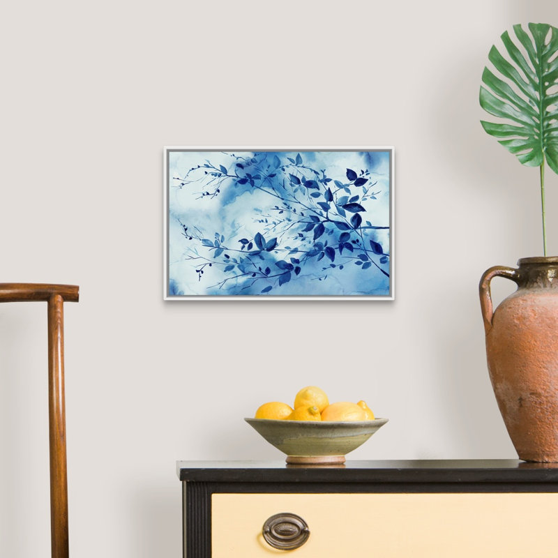 Indigo Branches, art mural sur toile, Toile avec cadre blanc, H 14 po x l 20 po