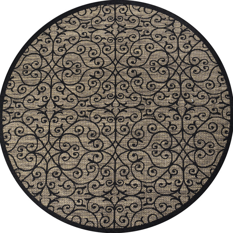 Tapis intérieur / extérieur noir / kaki Haggerty, Rond 6 pi 7 po