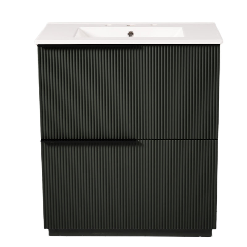 Meuble-lavabo de 30 po équipé d'un lavabo en céramique, de tiroirs pleine extension lisses et d'un design cannelé pour un abat-jour de style confortable, glissières de tiroir à fermeture en douceur, décoration contemporaine