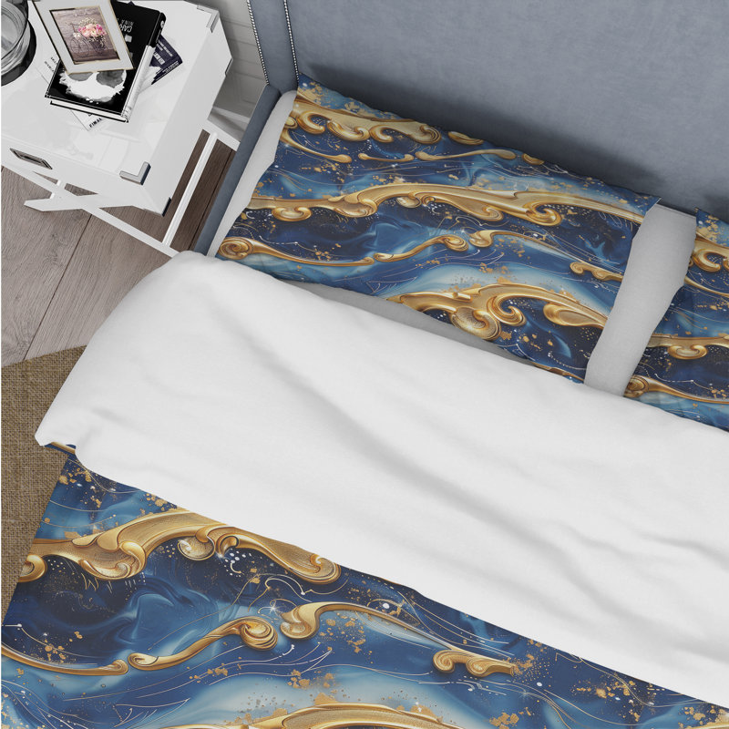 Gold Blue Coastal Wave Details - Coastal Duvet Cover Set, Housse de couette simple + 2 taies décoratives st