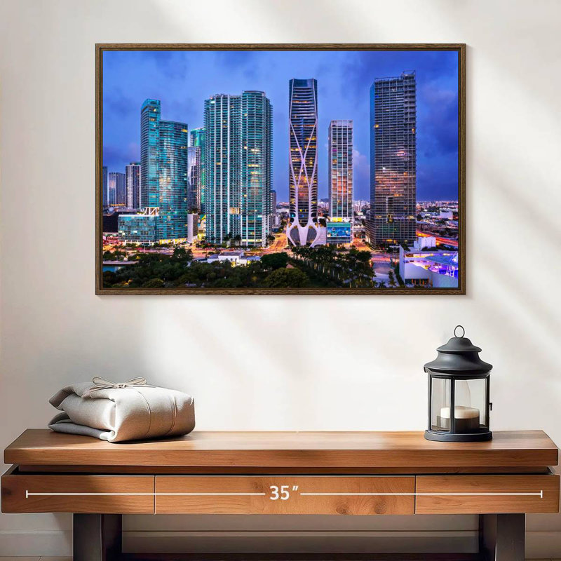 Vue aérienne du centre-ville de Miami, 25 po x 17 po, Cadre flottant en noyer