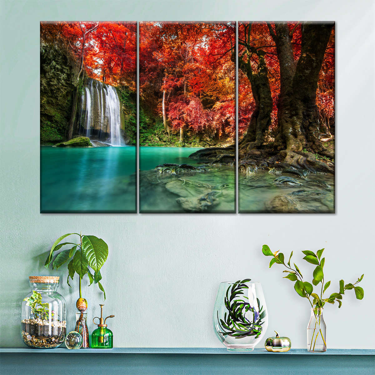 Millwood Pines Autumn Trees and Waterfall - 3 Piece Wrapped Canvas Set ...