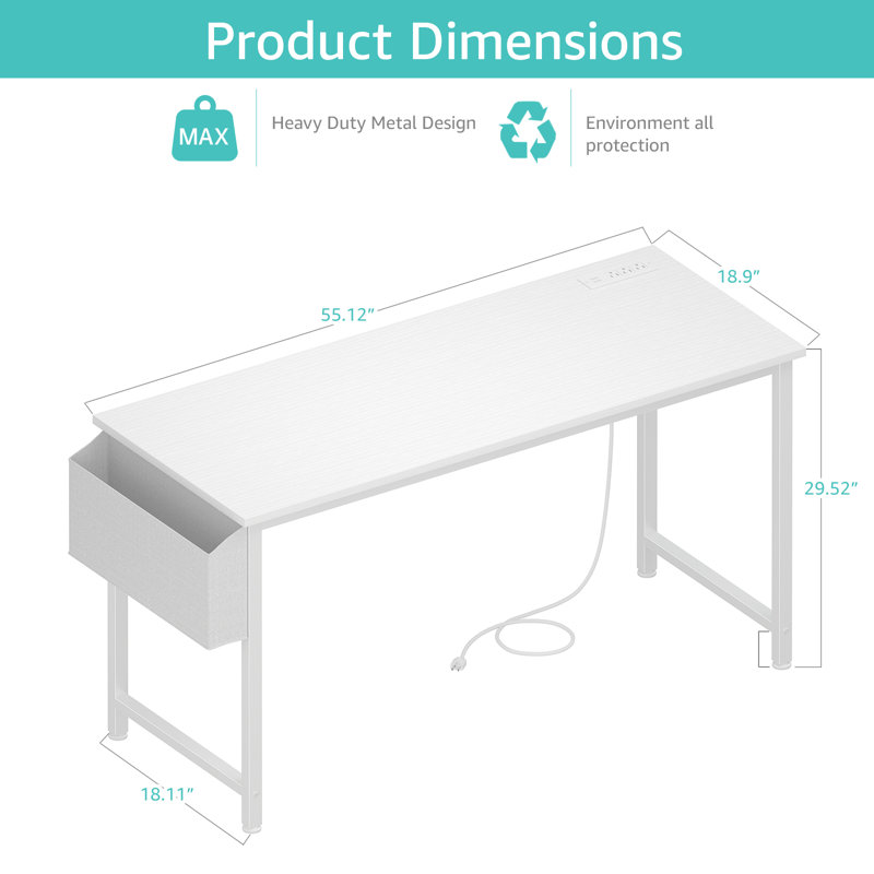 Bureau d'écriture rectangulaire avec prises de courant, Blanc, H 29,52 po x l 55,1 po x P 18,9 po