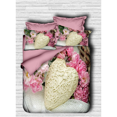 Ensemble de housse de courtepointe simple de haute qualité, rose et blanc | Tige 100% microsatine de polyester et dessous 100% coton | Housse de couette 63 x 87, drap plat 63 x 94, 2 taies d'oreiller 20 x 28 | Fermeture à glissière, lavable à la machine, impression élégante en 3D