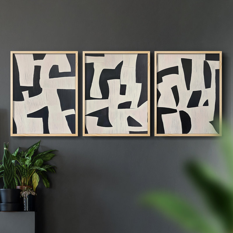 Abstract  Series  CXCV  -Set Of 3 Framed Giclee Prints -Ready to Hang, 10" H x 24" W, Natural