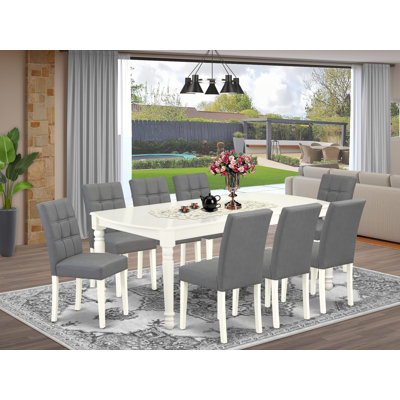 9 Piece Dining Table Set Includes A Kitchen Table and 8 Platinum Gray Polyester Fabric Person Chairs with Stylish Back- Linen White Finish