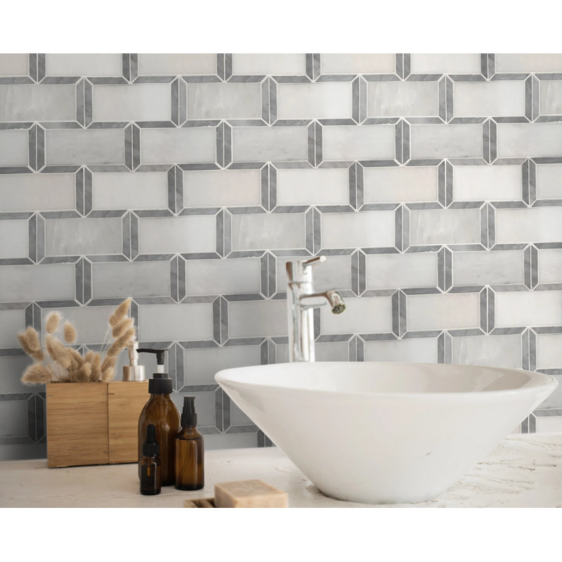 Carreau de mosaïque de plancher et de mur en marbre poli oriental oriental avec bordure Carrara 15 po x 7 po (0,71 pi2 / pièce)