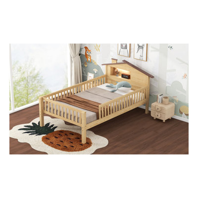 Lit plateforme simple en bois avec tête de lit en forme de maison, DEL et rangement intégré, naturel