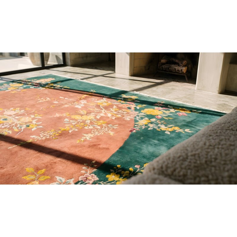 Wool Knotted Antique Chinese - Art Deco 1920s Coral Room Size Rectangle Rug