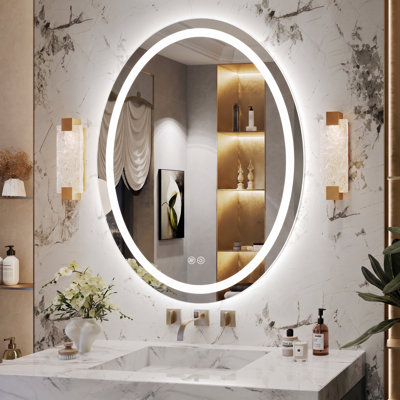 Lunara UL Certified Oval LED Wall Mirror with Bright Front Light&Backlit 192LEDs/m, 3-Colors Dimmable, Defogger, IP54 Waterproof