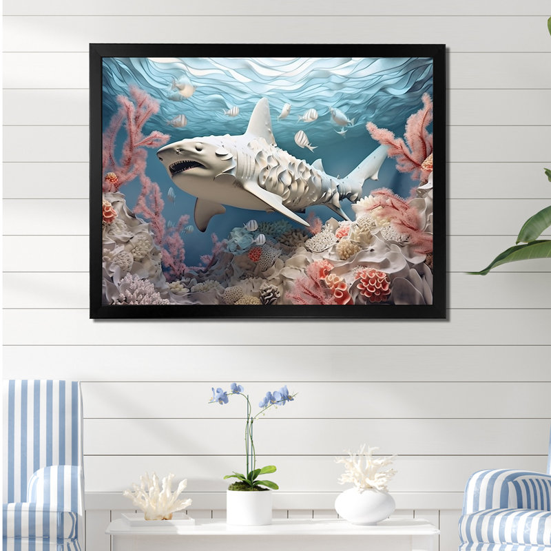 Coral and Sharks Collage Symetry - plage et océan, impressions sur toile, Cadre simple noir, H 16 po x l 32 po x P 1 po